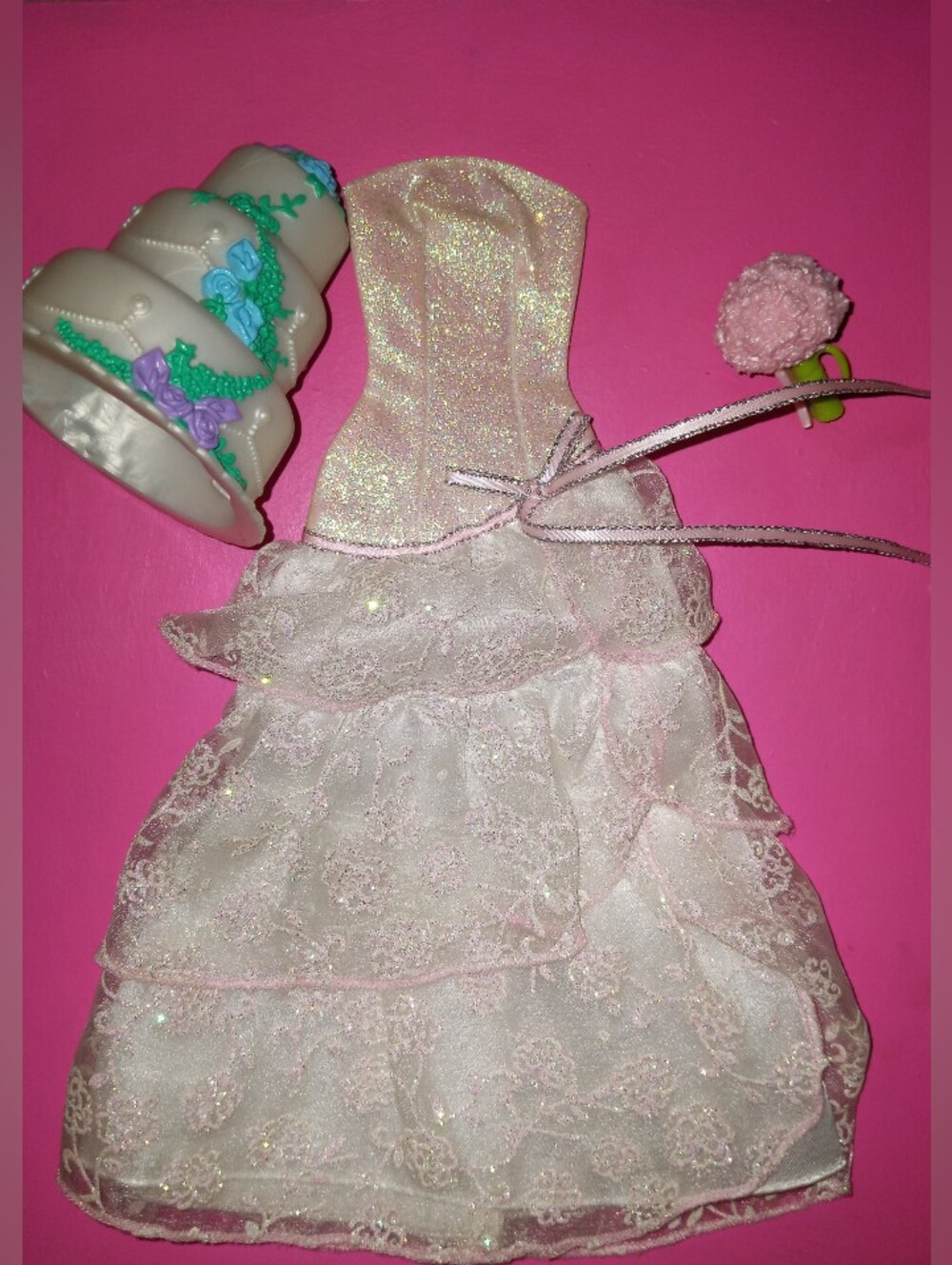 Barbie doll sparkle glitter wedding dress cake flowers